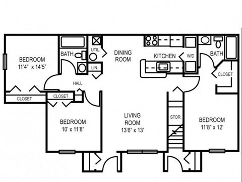 Three Bedroom Floor Plan at Timberleaf Affordable Apartments in Orlando, Florida